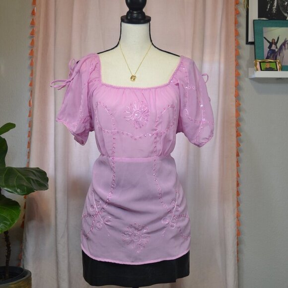 Fashion Bug Tops - Fashion Bug Vintage Pink Sheer Tunic Blouse Embroidered Florals size XL